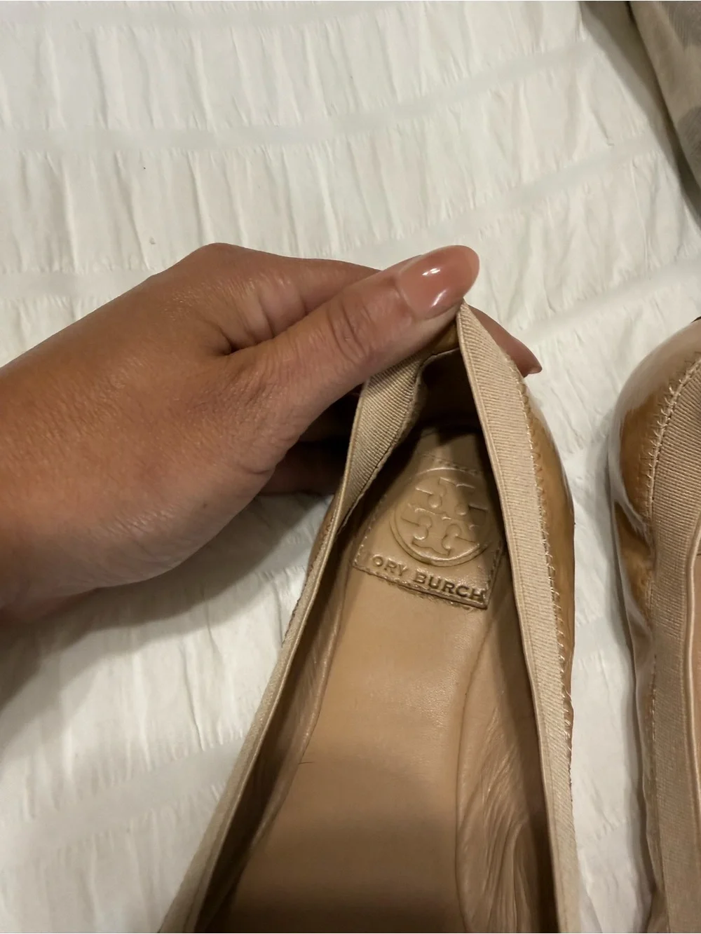 Tory Burch Nude Tan Patent Logo Ballet Flats